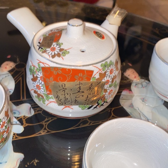 Japanese Porcelain Tea Set 6pc Teacups Teapot Vtg Kyusu Yunomi Tokoname Ware - Picture 3 of 8